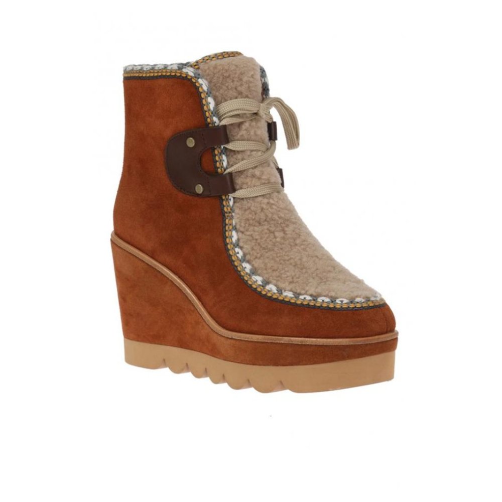 See By Chloe Tan Suede Wedge Ankle Boots with Shearling